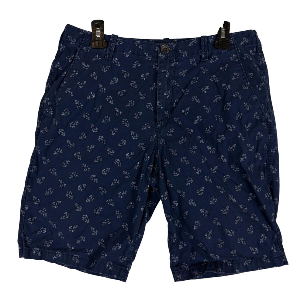 Express Shorts Mens 32 Blue Anchor Print Chino Cotton Nautical Casual 10 Inseam